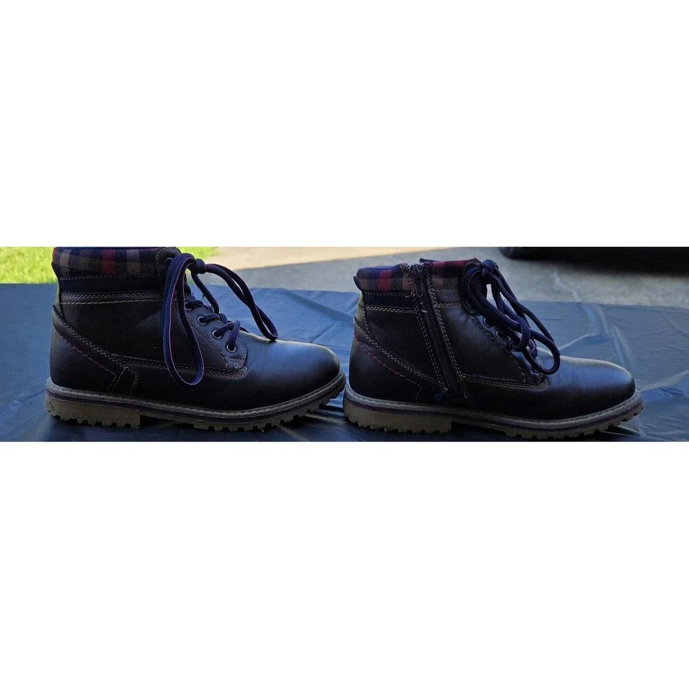 Canyon River Blues Tucker Boys Combat Boots Brown Plaid Zipper Size 5M Scuffed